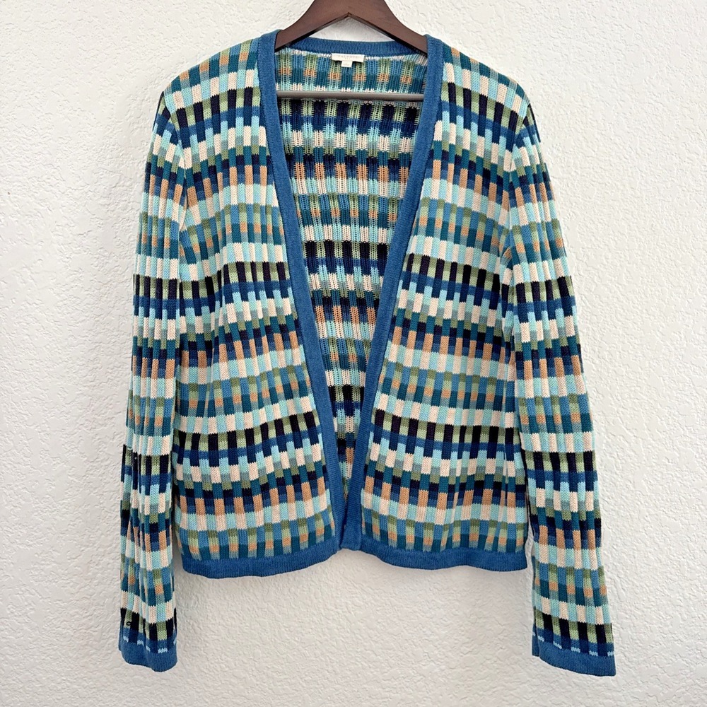 Talbots Patterned Open-Knit Sweater Blue & Teal Textured Cottagecore Size L